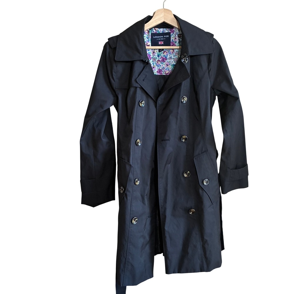 London Fog Double Breasted Trench Coat Size S Black Womens Floral Lining Belted